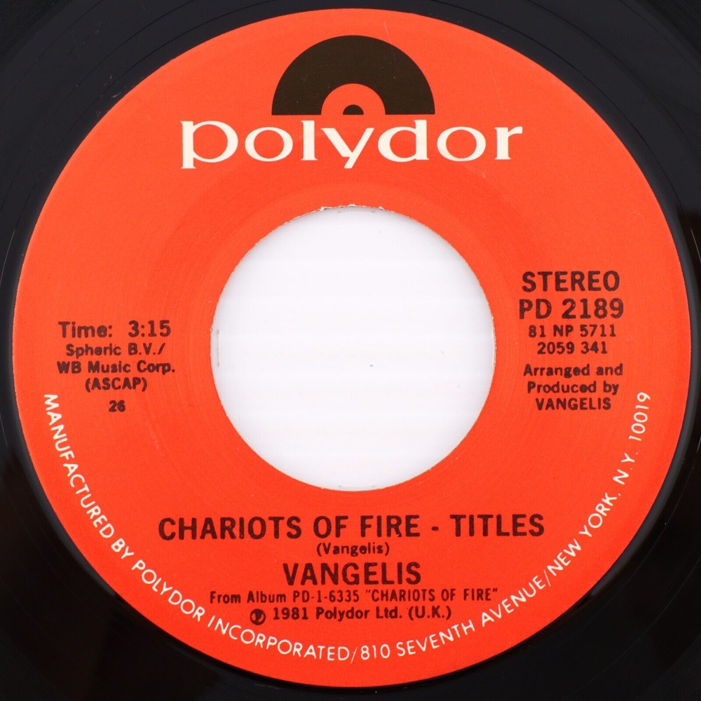 Vangelis, Chariots Of Fire Titles / Eric's Theme 1981 45 rpm Single Vinyl Record
